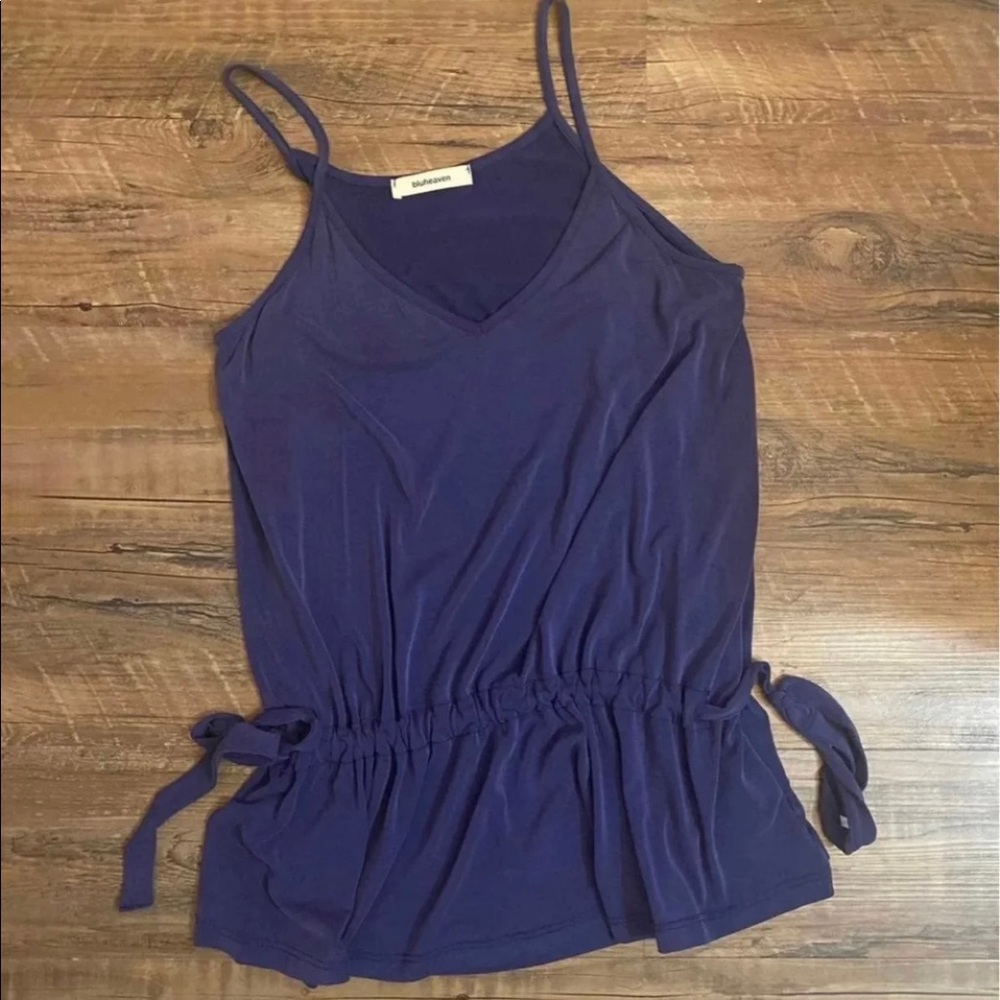 Buttery soft, navy blue top with adjustable cinch waist detail